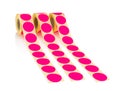 Colored label rolls isolated on white background with shadow reflection, clipping path, vector path. Reels of pink labels.