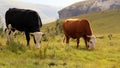 Colored landscape photo of Nguni cow and bull in the Drakensberg-mountains.