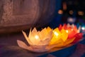 Colored lanterns and garlands at night on Vesak day for celebrating Buddha`s birthday in Eastern culture, that made from paper an