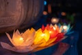 Colored lanterns and garlands at night on Vesak day for celebrating Buddha`s birthday in Eastern culture, that made from paper an