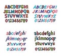 Colored Latin alphabet. Children`s font in cute cartoon style. Uppercase and uppercase letters and numbers.