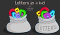 Colored Letters in bag. Cartoon grammar class icon. Colorful toy 2d letters. Green, blue, red, yellow abc in pocket.