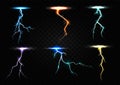 Colored lightning bolt vector set on transparent background.