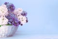 Colored Lilacs on light blue pastel background. Delicate bouquet in a silver basket. Romantic concept. Wedding greeting