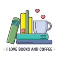 Colored line icon showing book stack and ceramic mug