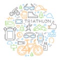 Colored linear triathlon concept. Line triathlete and other elem