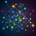 Colored lines connect neon shapes, including circles, squares, triangles Royalty Free Stock Photo