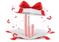 Colored Lipsticks, lip glosses inside open gift box, isolated on white background. White gift box with cosmetic items. Present,