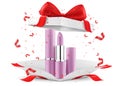 Colored Lipsticks, lip glosses inside open gift box, isolated on white background. White gift box with cosmetic items. Present,