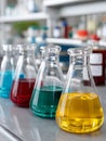 Colored liquids in glass beakers in a laboratory setting. Royalty Free Stock Photo