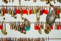 Colored locks hanging on the bridge for love