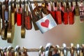 Colored locks hanging on the bridge for love Royalty Free Stock Photo