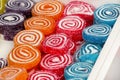 Colored marmalade of snail shape. Sugar sweet Christmas candies. Different gelatin sweet fruit candy candies for kids.
