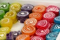 Colored marmalade of snail shape. Sugar sweet Christmas candies. Different gelatin sweet fruit candy candies for kids.