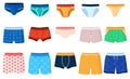 Colored mens underwear set vector flat cartoon illustration. Collection man fashion lingerie