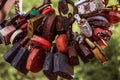 Colored metal door locks on a green background