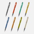 Colored metal pen isolated on gray background, vector mock-up set Royalty Free Stock Photo