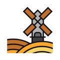 A colored mill icon. A windmill in the yellow fields. A symbol of agriculture.