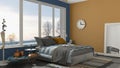 Colored modern blue and yellow bedroom with big panoramic window