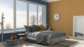 Colored modern blue and yellow bedroom with big panoramic window