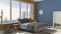 Colored modern blue and yellow bedroom with big panoramic window