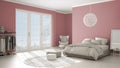 Colored modern pink and beige bedroom with wooden parquet floor, panoramic window on winter landscape, carpet, armchair and bed