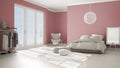 Colored modern pink and beige bedroom with wooden parquet floor, panoramic window on winter landscape, carpet, armchair and bed