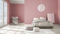 Colored modern pink and beige bedroom with wooden parquet floor, panoramic window on winter landscape, carpet, armchair and bed Royalty Free Stock Photo