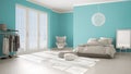 Colored modern turquoise and beige bedroom with wooden parquet floor, panoramic window on winter landscape, carpet, armchair and
