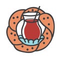 Colored modern vector illustration of turkish symbols: black tea glass, traditional bagel.