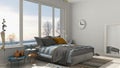 Colored modern white bedroom with big panoramic window, sunset,