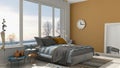 Colored modern white and yellow bedroom with big panoramic window, sunset, sunrise, architecture minimalist interior design