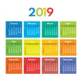 Colored calendar 2019, starts sunday