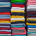 Colored multi-colored T-shirts lie in a stack