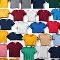 Colored multi-colored T-shirts lie on the table. View from above