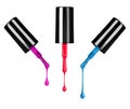 Colored nail polishes dripping from brushes on white