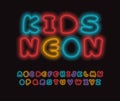 Colored neon font, colorful outlines letter and numbers set with neon colored glow on black background. Fluorescent