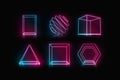 Colored neon glowing frame stand in darkness, different types