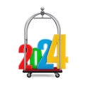 Colored 2024 New Year Sign over Silver Chrome Luxury Hotel Luggage Trolley Cart. 3d Rendering