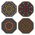 Colored octagonal patterns set in folk embroidery style. Ethnic ornaments for rug design Royalty Free Stock Photo
