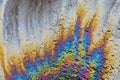 Colored oil stain on the asphalt. A rainbow slick of gasoline. Abstract background Royalty Free Stock Photo