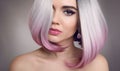 Colored Ombre bob hair extensions. Beauty Blonde Model Girl with Royalty Free Stock Photo