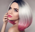 Colored Ombre bob hair extensions. Manicure nails. Beauty makeup Royalty Free Stock Photo