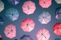 Colored open umbrellas on sky background.