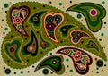 Colored oriental paisley on light green background