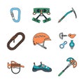 Colored outline various alpinism tools icons collection