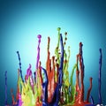 Colored paint splashes on blue background