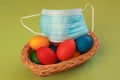 Colored eggs in basket medical mask Easter 2020