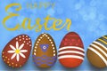 Colored painted eggs 3d rendering model, background for design, postcards, concept of Easter, Christian traditions, holidays, Royalty Free Stock Photo
