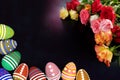 Colored painted eggs 3d rendering model, rose flowers, background for design, postcards, concept of Easter, Spring Festival, 3d Royalty Free Stock Photo